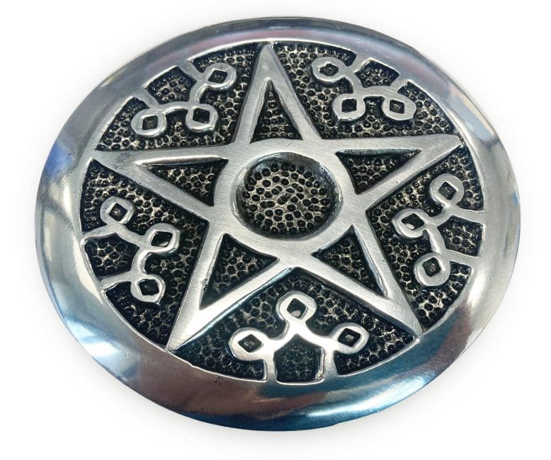 Pentacle Altar porta incienso redondo de metal blanco 8,5cm