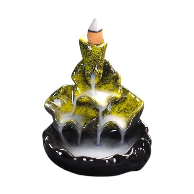 Porta incienso de cerámica con cascada de hojas de loto, color verde y amarillo, 10 cm
