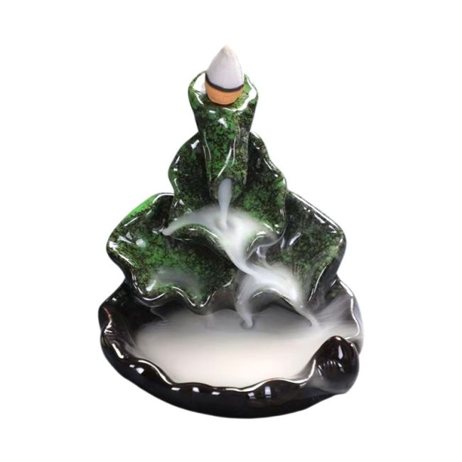 Porta incienso de cerámica con reflujo, diseño en cascada y hojas de loto verdes, 10 cm