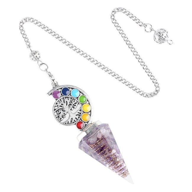 Péndulo de Orgonita Amatista Árbol de la Vida 7 Chakras 6 caras