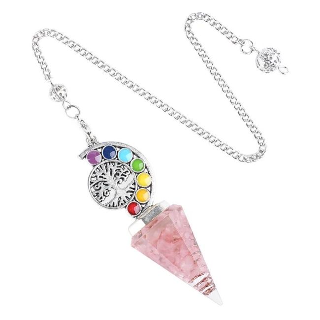 Péndulo de Orgonita Cuarzo Rosa Árbol de la Vida 7 Chakras 6 caras