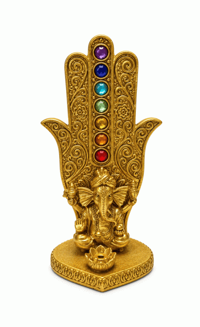 incienso en Quemador de Incienso Mano de Fátima Ganesh 7 Chakras Dorado en Resina 16 cm