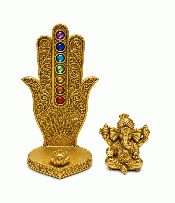 incienso en Quemador de Incienso Mano de Fátima Ganesh 7 Chakras Dorado en Resina 16 cm|es