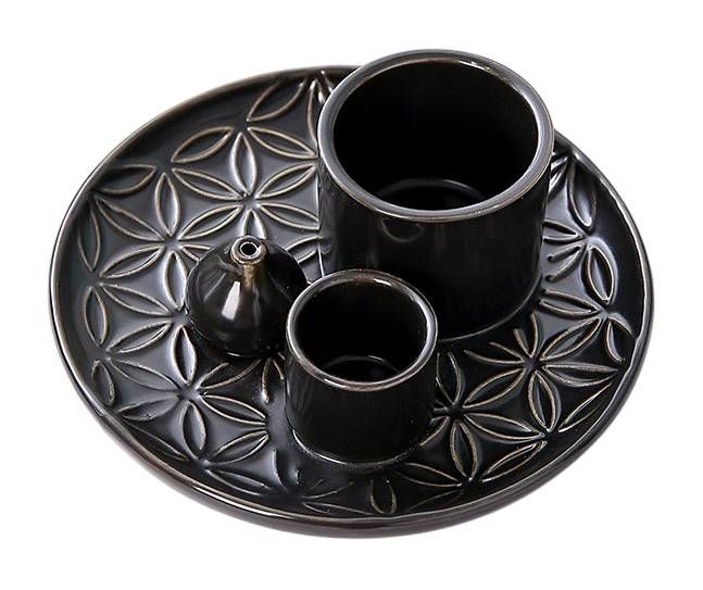 Porta incienso de cerámica negra Flores de la Vida para Palo Santo y Salvia Blanca 13cm