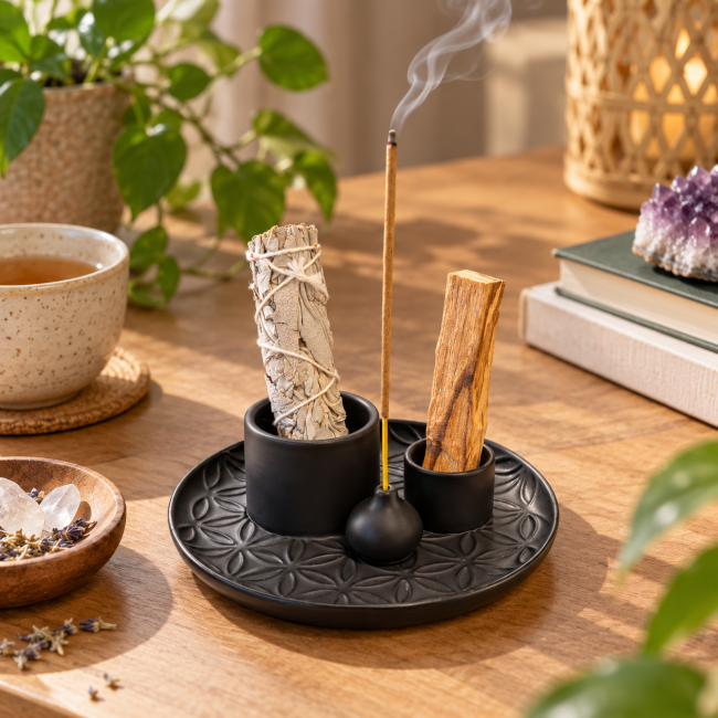 incienso en Portaincienso Multifunción Flor de la Vida Negro Mate 13 cm|es