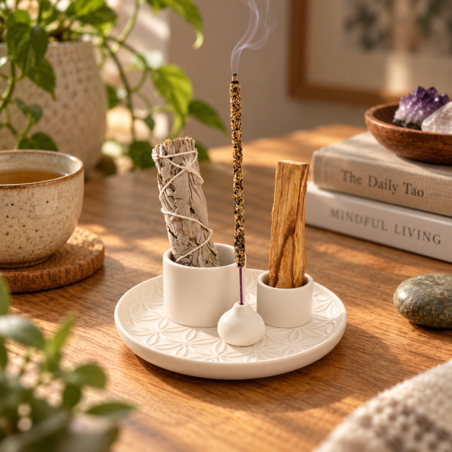 incienso en Porta incienso de cerámica negra Flores de la Vida para Palo Santo y Salvia Blanca 13cm|es