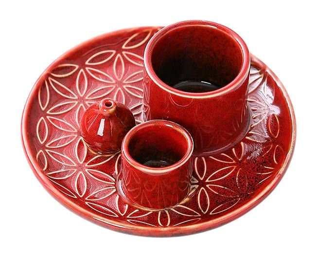 Porta incienso de cerámica roja Flores de la Vida para Palo Santo y Salvia Blanca 13cm