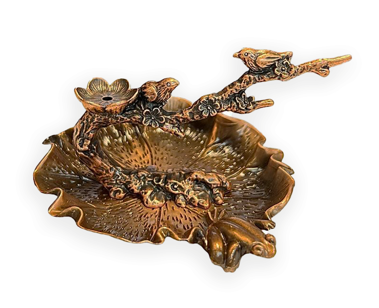 Porta incienso reflujo metal japonés estanque rana cobre