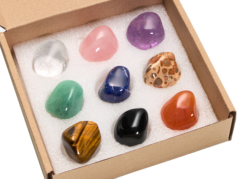 incienso en Caja de colección con 9 piedras pulidas de todo el mundo|es