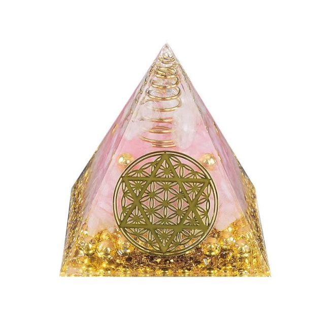 Pirámide de Orgonita Cristal de Roca & Pentáculo Flor de la Vida de Cuarzo Rosa