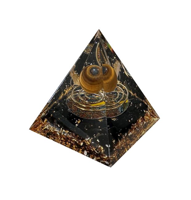 Pirámide de Orgonita Ojo de Tigre y Obsidiana Negra Espiral y del Árbol de la Vida