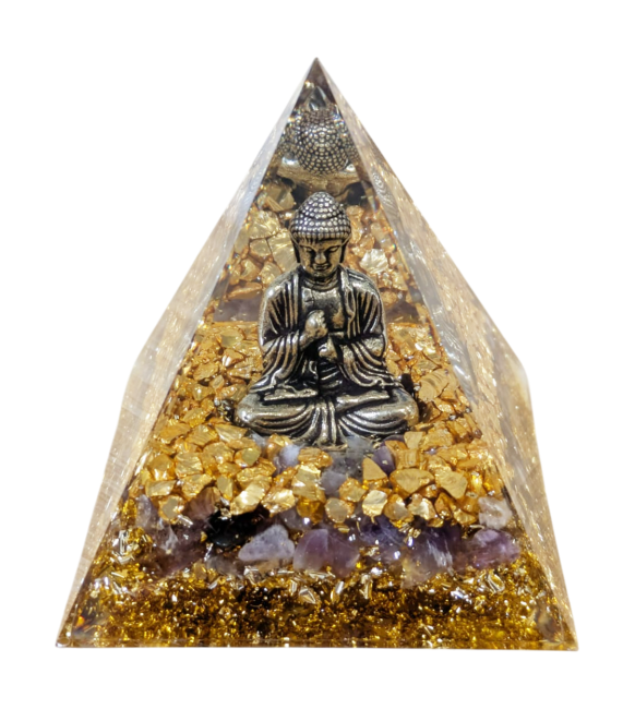 Pirámide de orgonita Buda + Amatista