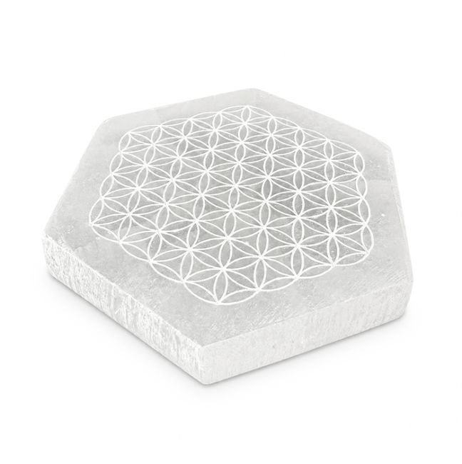 Placa Hexagonal de Selenita Flor de la Vida 11cm 125g
