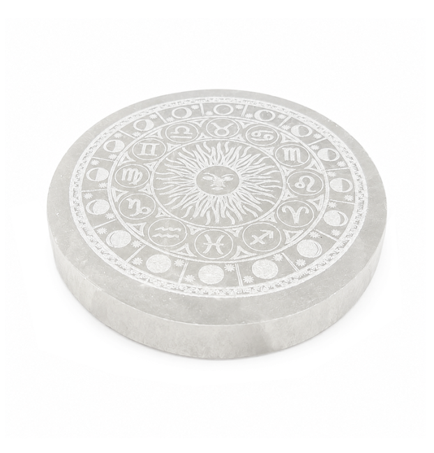 Placa Circular de Selenita Rueda del Zodiaco 12cm 350g