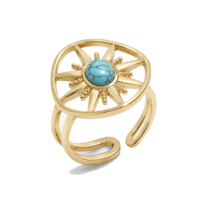 incienso en Anillo Ajustable de Acero Inoxidable Dorado con Turquenita A y Motivo Sol|es