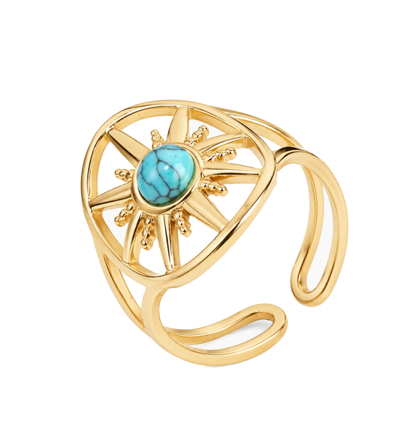 Anillo Ajustable de Acero Inoxidable Dorado con Turquenita A y Motivo Sol