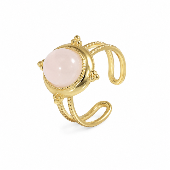 Anillo ovalado de acero inoxidable chapado en oro con cuarzo rosa