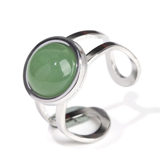 Anillo redondo de acero inoxidable plateado con aventurina verde A