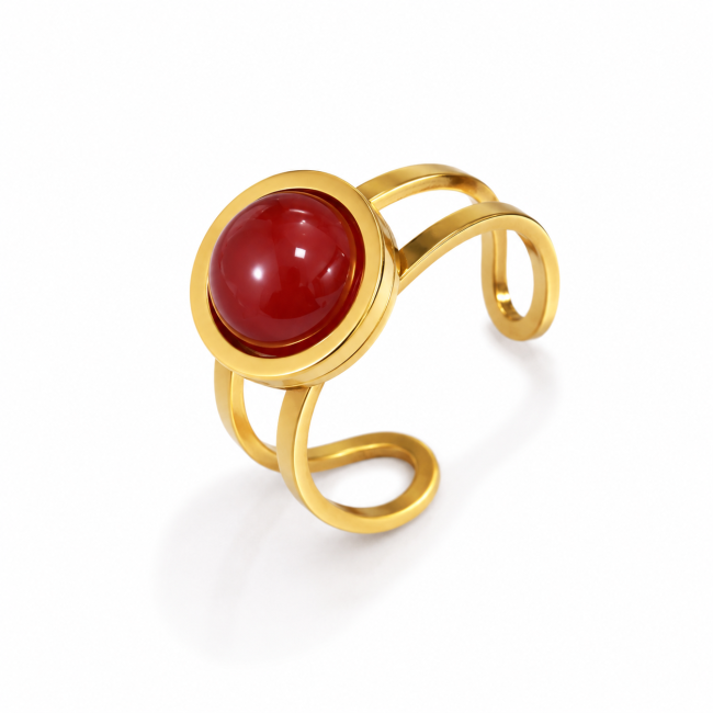Anillo redondo de acero inoxidable chapado en oro con ágata roja.