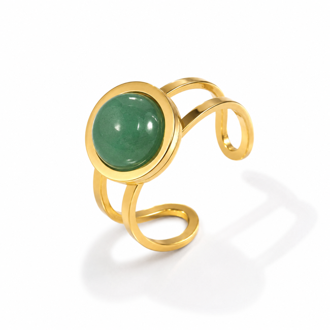 Anillo redondo de acero inoxidable chapado en oro con aventurina verde.