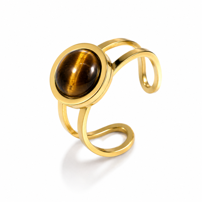 Anillo de acero inoxidable chapado en oro con ojo de tigre redondo