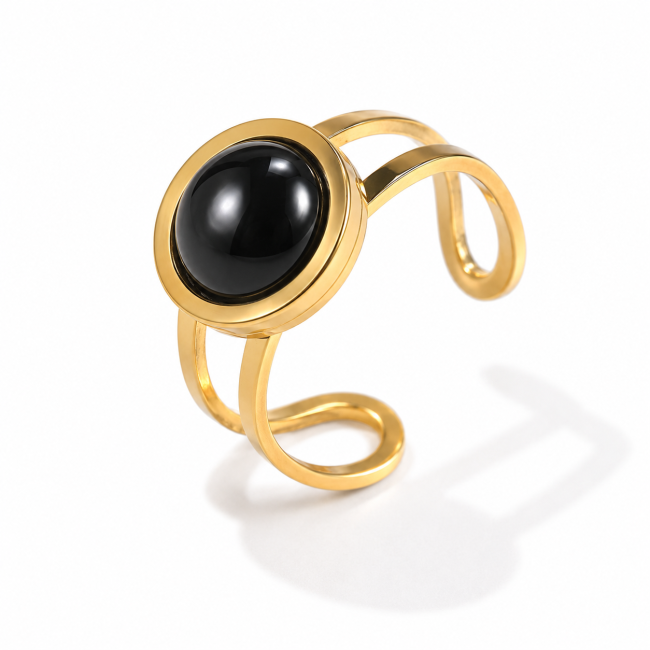Anillo redondo de acero inoxidable chapado en oro con obsidiana negra
