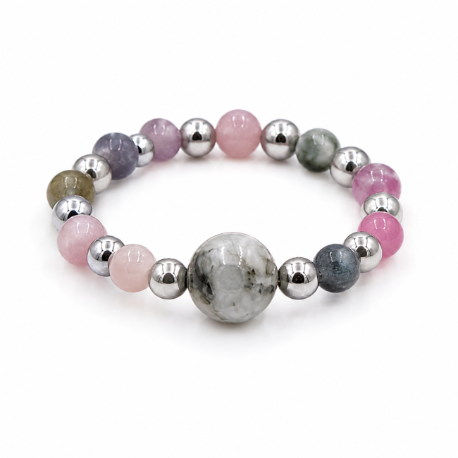 Anillo de perlas de plata con turmalina multicolor