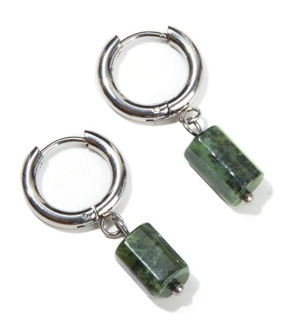 Pendientes cilíndricos de plata y acero inoxidable con jade nefrita Canadá A 11 mm