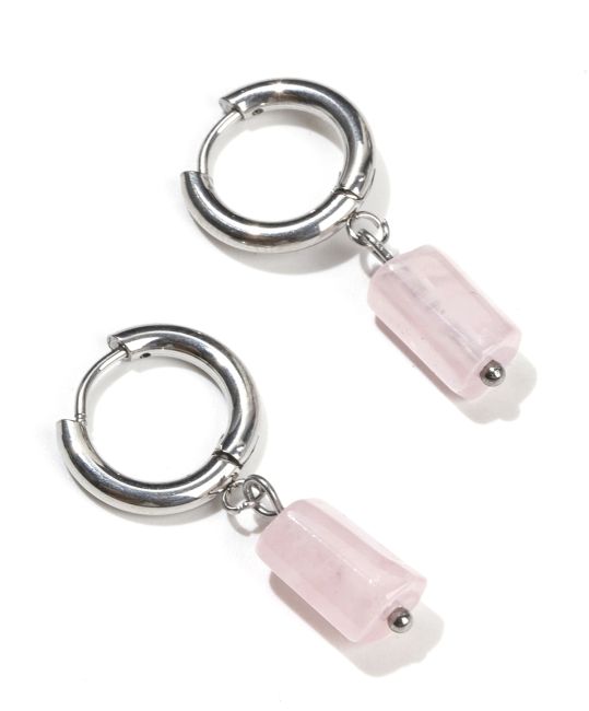 Pendientes cilíndricos de plata en acero inoxidable con cuarzo rosa A 11 mm