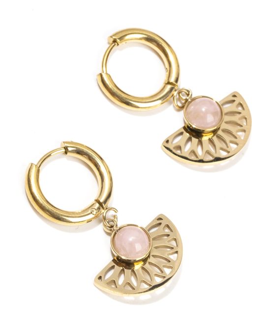 Pendientes de cuarzo rosa azteca de acero inoxidable dorado A 33 mm