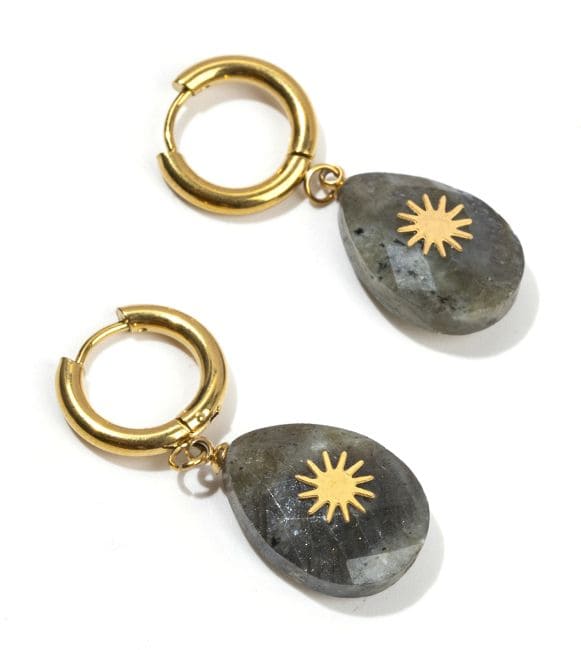 Pendientes Sol Facetados Ovalados Labradorita Acero Dorado 38mm