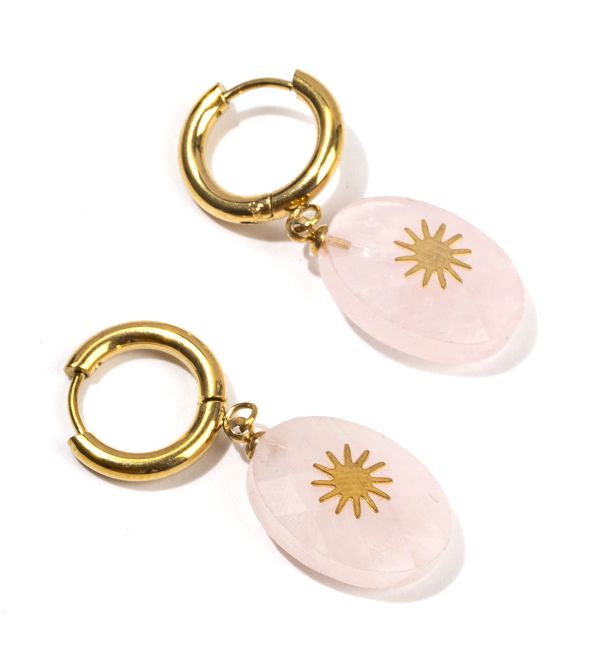 Pendientes de oro en acero inoxidable Cuarzo rosa Sol ovalado facetado A 38 mm