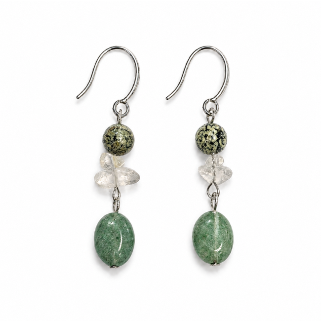 incienso en Pendientes – Jaspe Cebra Verde, Cristal de Roca y Aventurina Verde