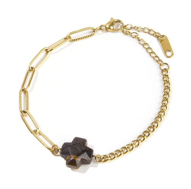 Pulsera Ojo de Tigre A y Corazón en Acero Inoxidable Dorado 16cm