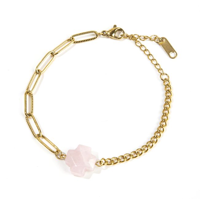 Pulsera de cuarzo rosa con cruz en acero dorado de 16 cm