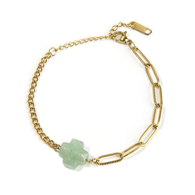 Pulsera Cruz A Aventurina Verde en Acero Inoxidable Dorado 16cm