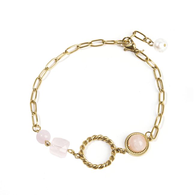 Pulsera de Cuarzo Rosa con Cubo Facetado en Acero Dorado 23cm