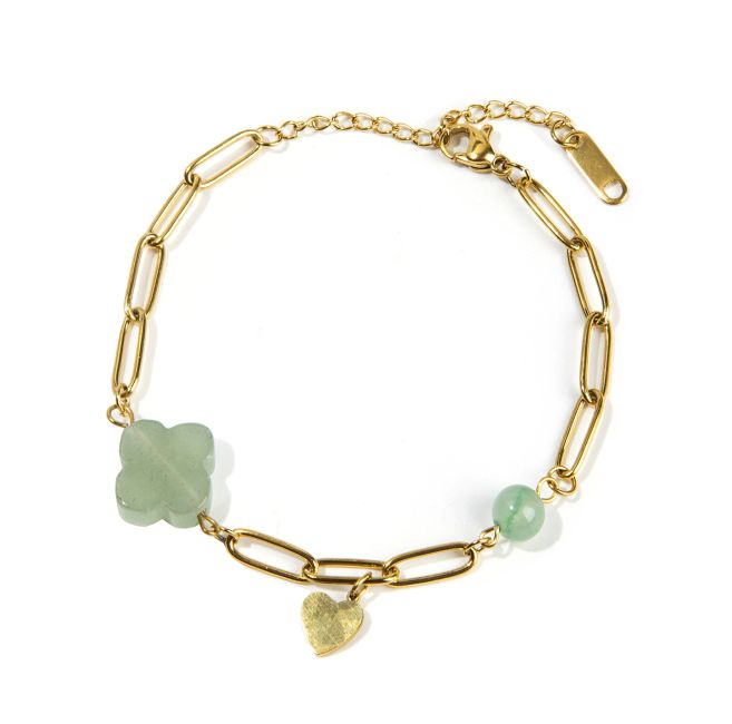 Pulsera Cruz A Aventurina Verde y Corazón en Acero Dorado 16cm