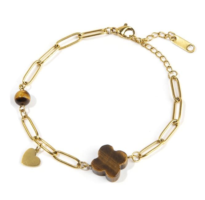 Pulsera Cruz Ojo de Tigre A y Corazón en Acero Dorado 16cm