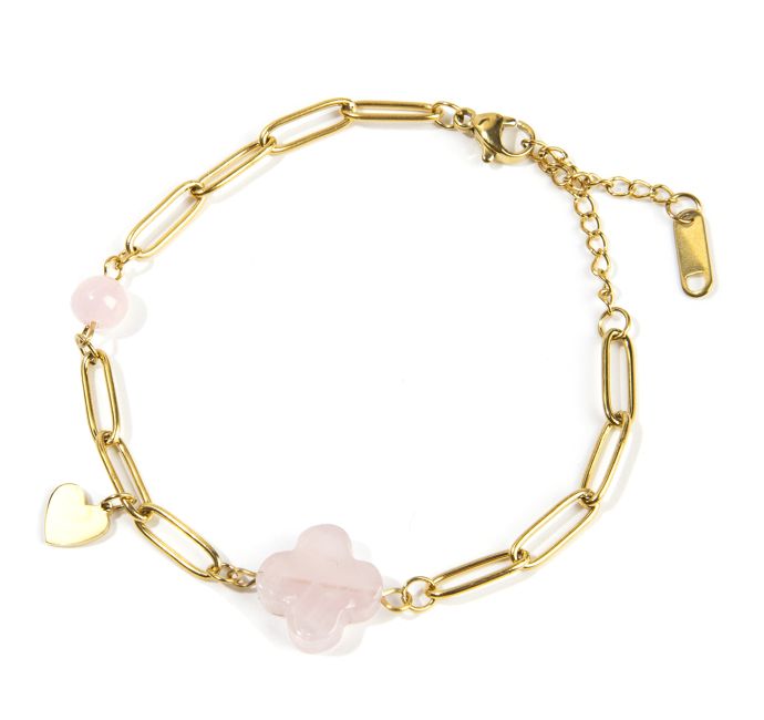 Pulsera Cruz de Cuarzo Rosa A y Corazón en Acero Dorado 16cm