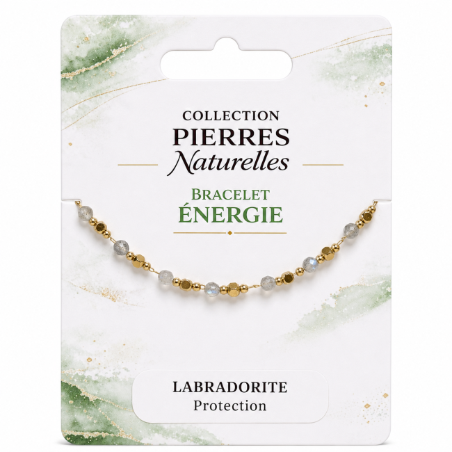 Pulsera energética de labradorita AA – Cuentas doradas