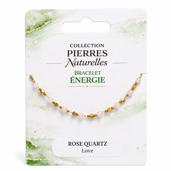Pulsera Energía de Cuarzo Rosa AB – Perlas Doradas