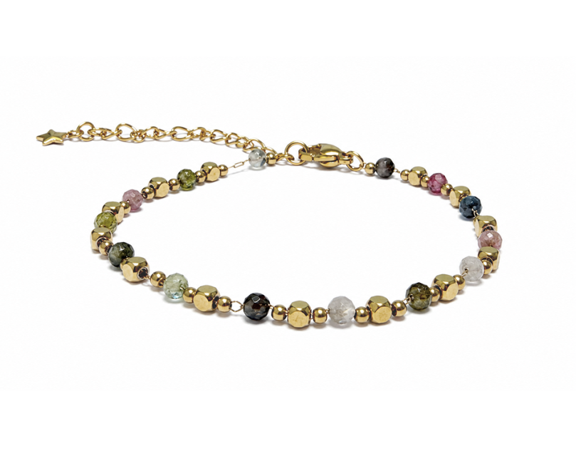 Pulsera Energía de Turmalina Multicolor A – Cuentas Doradas