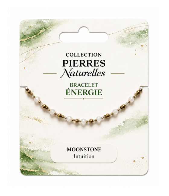 incienso en Pulsera energética de piedra lunar blanca con cuentas doradas.