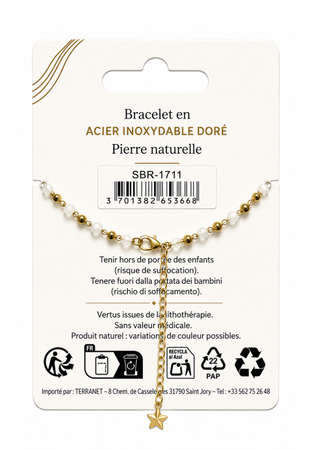 incienso en Pulsera energética de piedra lunar blanca con cuentas doradas.|es