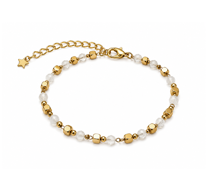 Pulsera energética de piedra lunar blanca A – Cuentas doradas