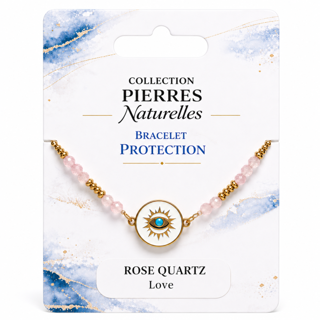 Pulsera de Protección de Cuarzo Rosa A – Medallón Ojo Protector