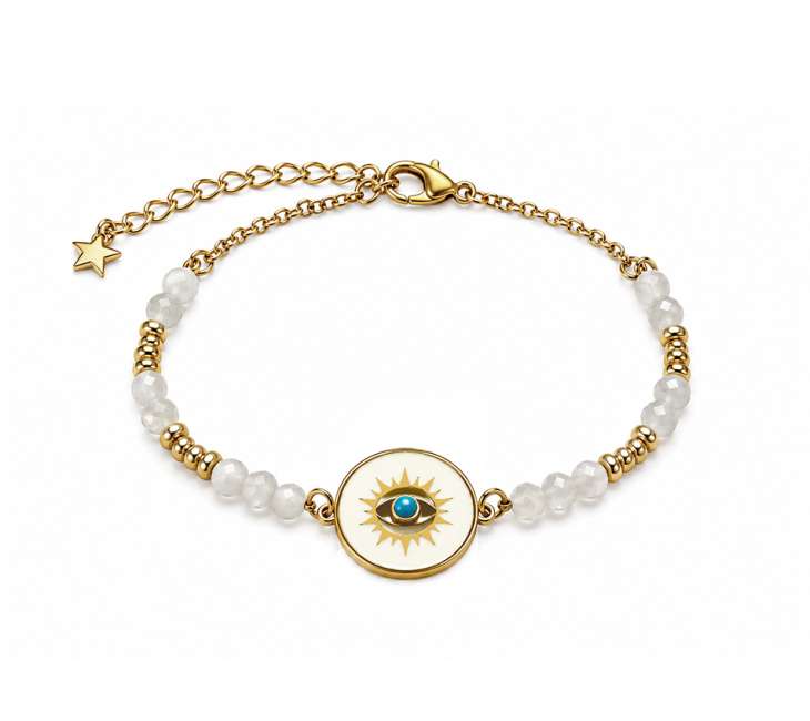 Pulsera protectora de piedra lunar blanca A – Medallón protector para el ojo