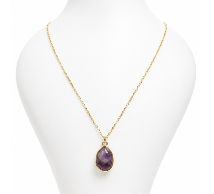Collar de Acero Inoxidable Dorado con Colgante Geométrico de Amatista AA 15mm