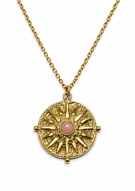 incienso en Collar de Acero Inoxidable Dorado Sol con Cuarzo Rosa A|es